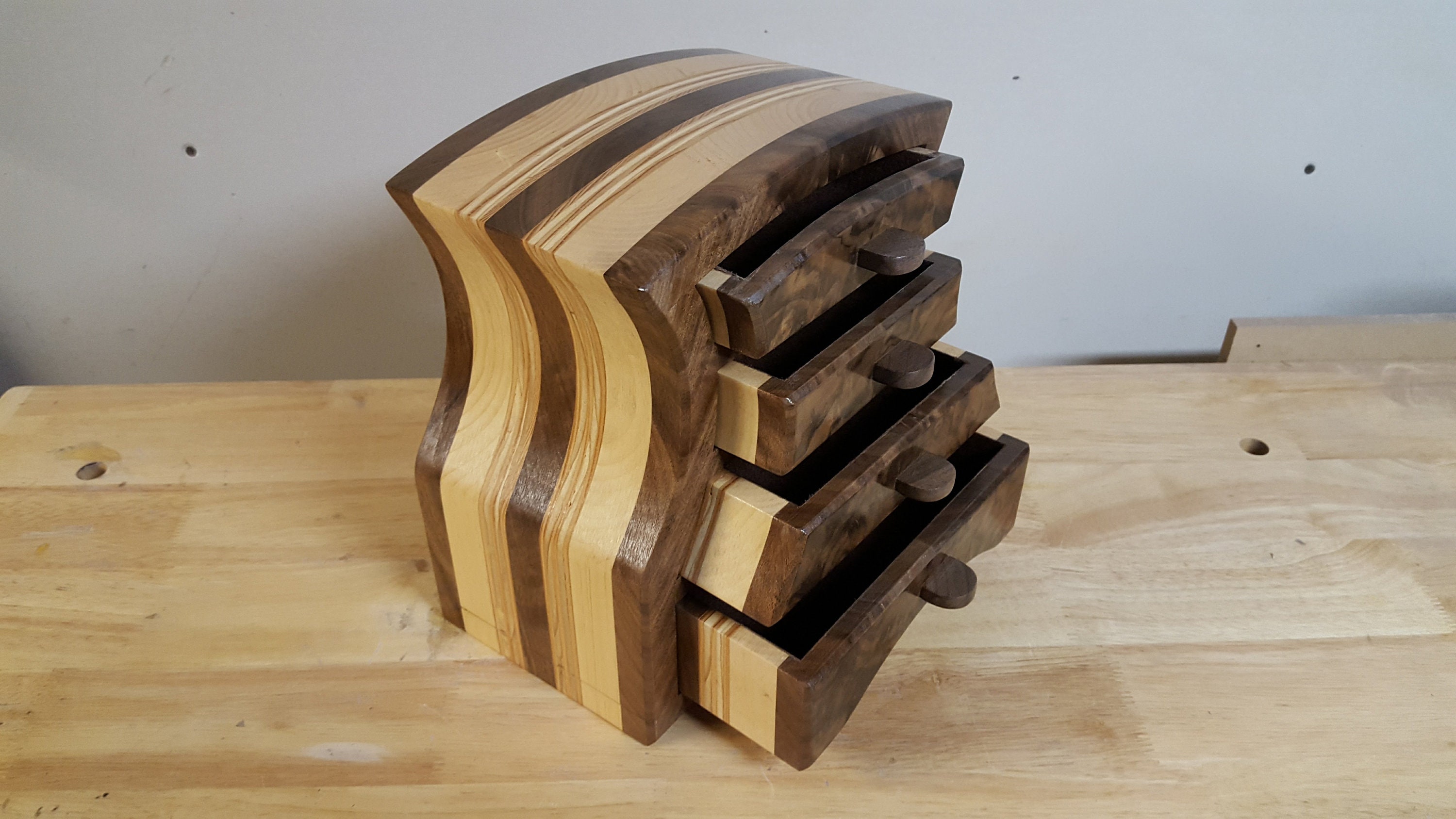 Bandsaw box made from claro walnut, walnut burl veneer, pine,and plywood