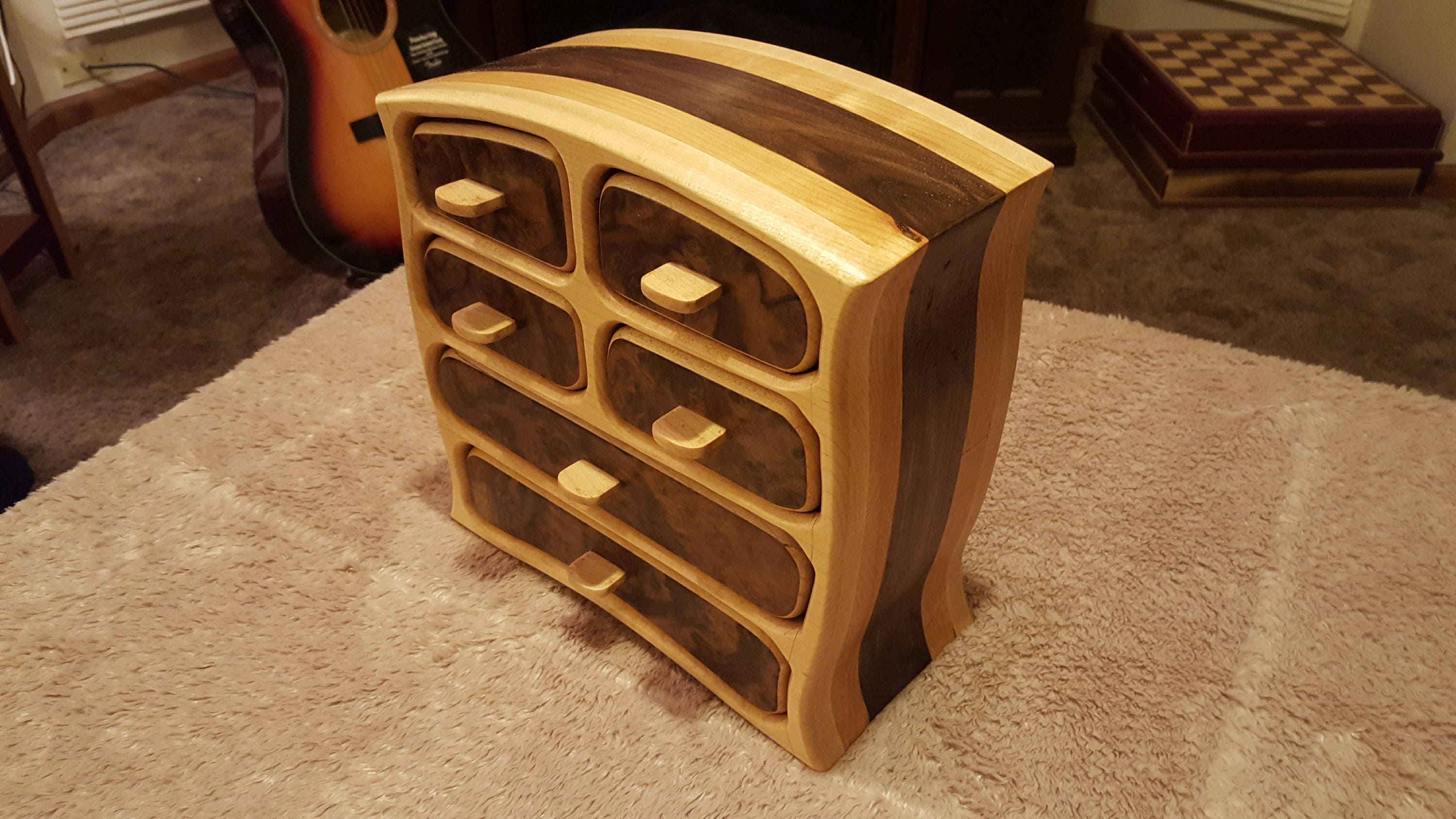 Bandsaw box made from maple,pine, walnut,and walnut burl veneer with 6