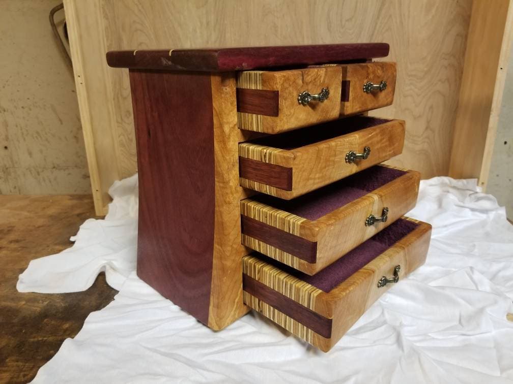 Bandsaw/ jewelry box made from purple heart, figured maple, plywood