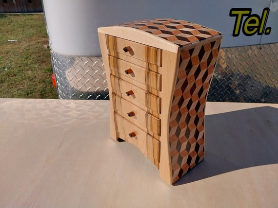Jewelry/ Bandsaw box with 3D design made from rosewood, maple, and oak