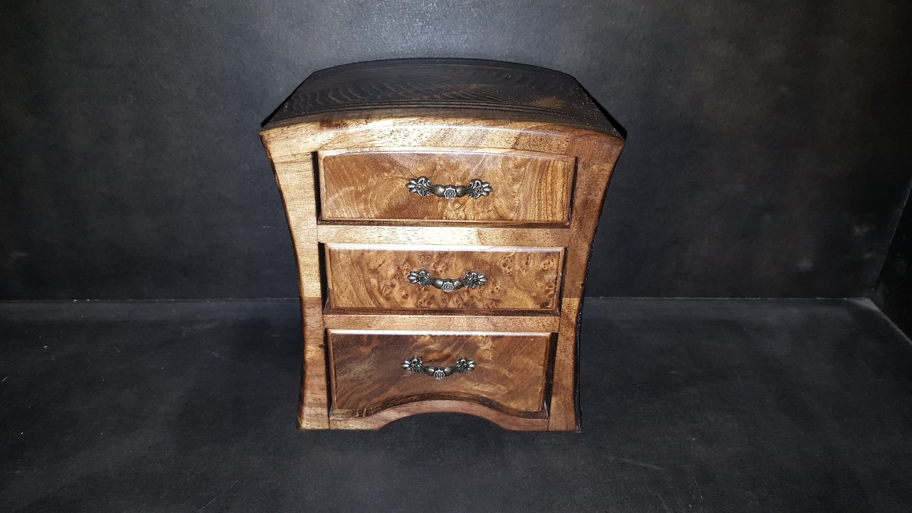 Bandsaw box made from black walnut, walnut burl, douglas fir, and plywood