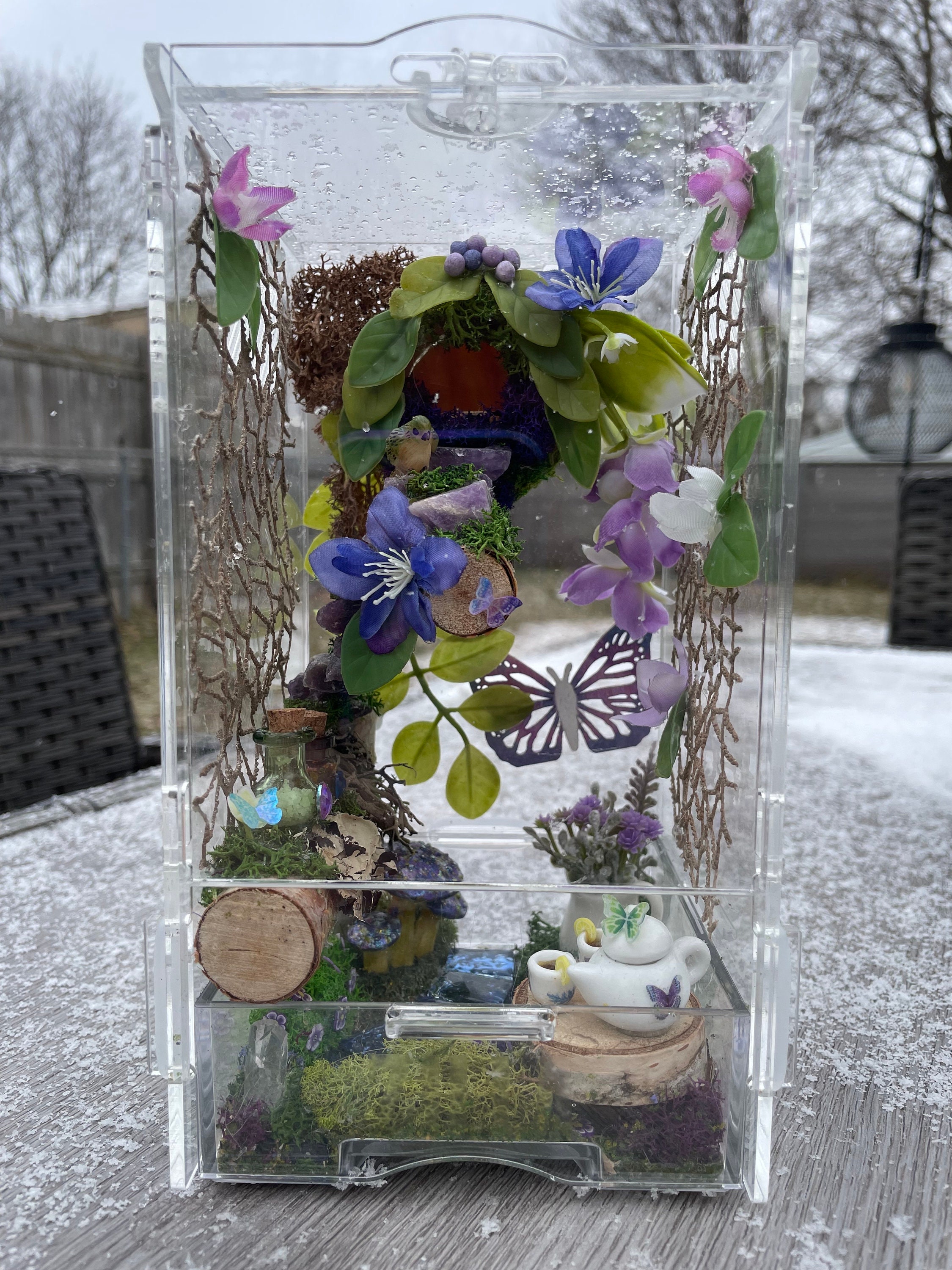 Purple-themed spider habitat and enclosure.