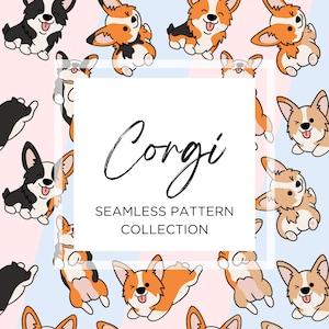 Op de afbeelding: Een naadloos patroon met schattige cartoon Corgi's in verschillende poses. De Corgi's zijn afgebeeld in zwart en wit, oranje en wit, en bruin en wit. Het patroon is op een roze en blauwe achtergrond met de tekst "Corgi Seamless Pattern Collection" in een wit kader.