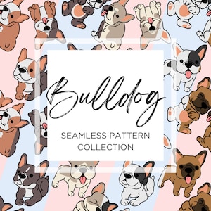 May include: A seamless pattern featuring a collection of cute cartoon French Bulldogs in various poses. The pattern is on a pink and blue striped background with the text "Bulldog Seamless Pattern Collection".