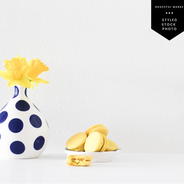 Daffodils Yellow Flowers / Polka Dot Vase / Macaron Cookie / Styled Stock / Blogger Photo / Social Media / Instant Digital Download 1-33