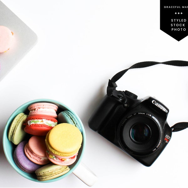 Bowl of Macaron Cookies / Styled Stock Flat Lay / MacBook / Purple Tulip / Blogger Photo / Social Media / Instant Digital Download 1-22