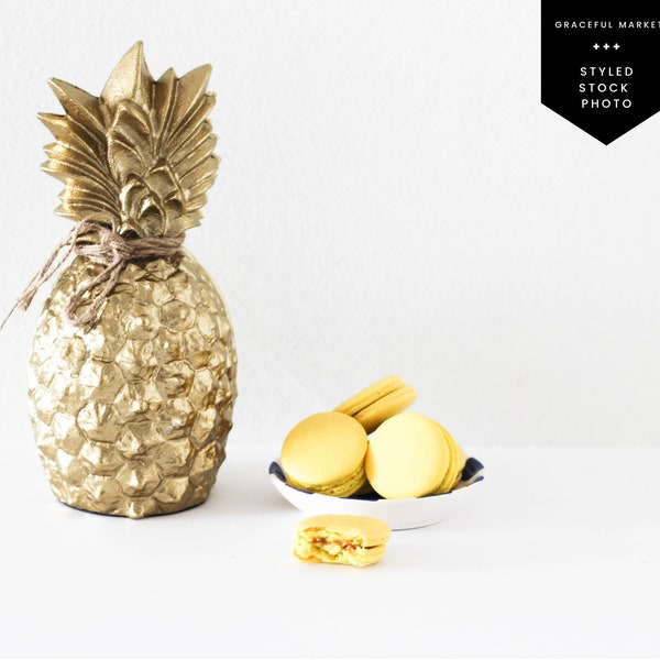 Golden Pineapple / Yellow Macarons Cookie / Styled Stock Flat Lay Photography / Social Media / Instant Digital Download