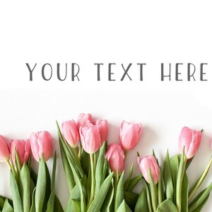 Puede incluir: Un arreglo de tulipanes rosas con tallos y hojas verdes sobre un fondo blanco. El texto "YOUR TEXT HERE" se muestra en gris en la parte superior de la imagen. Las flores están dispuestas en la parte inferior.