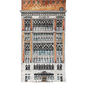 May include: Watercolor illustration of a tall building with intricate architectural details. The building features multiple windows, decorative elements, and the text "OAK + MANE" at the top. The words "CHICAGO ATHLETIC ASSOCIATION" are also visible.