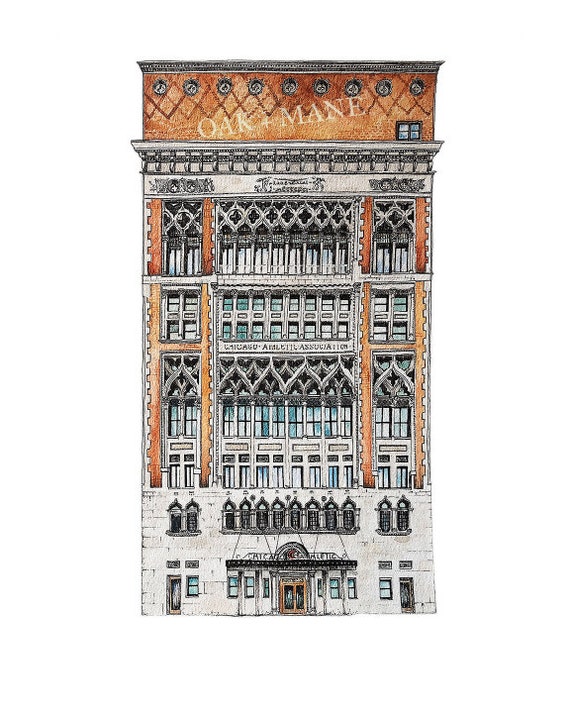 Chicago Athletic Association Watercolor + Ink Rendering, Chicago Wall Decor, Chicago Architecture Art