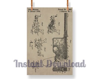 Patent Art Mauser C96 Pistol Printable Set, Patent Art Digital Download, Workshop Decor, 2nd Amendment, Digital Poster Art