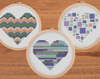 Set of 3 Geometric Heart Cross Stitch Patterns, Unique Gifts for Her, Embroidery Hobby Pattern Digital Download Set