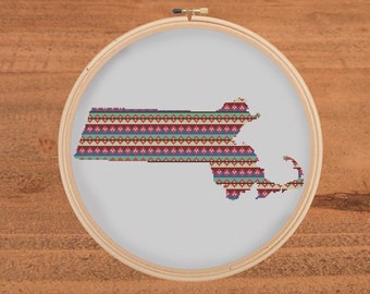 Aztec Geometric Massachusetts Cross Stitch Pattern, Housewarming Gift, Kitsch Decor, Gift for Couples, Apartment decoration gift
