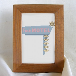 Retro-Inspired Pink Hotel Roadsign Cross Stitch Pattern
