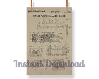 Patent Art Machine Vise Druckbares Set, Patent Art Digital Download, Werkstatt Dekor, Milling Machine, Kurt Vise Digital Poster Art