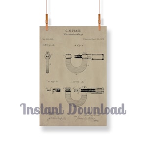 Patent Art Micrometer Printable Set, Patent Art Digital Download, Workshop Decor, Micrometer Caliper, Pratt & Whitney Digital Poster Art image 1