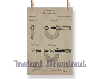 Patent Art Micrometer Printable Set, Patent Art Digital Download, Workshop Decor, Micrometer Caliper, Pratt & Whitney Digital Poster Art