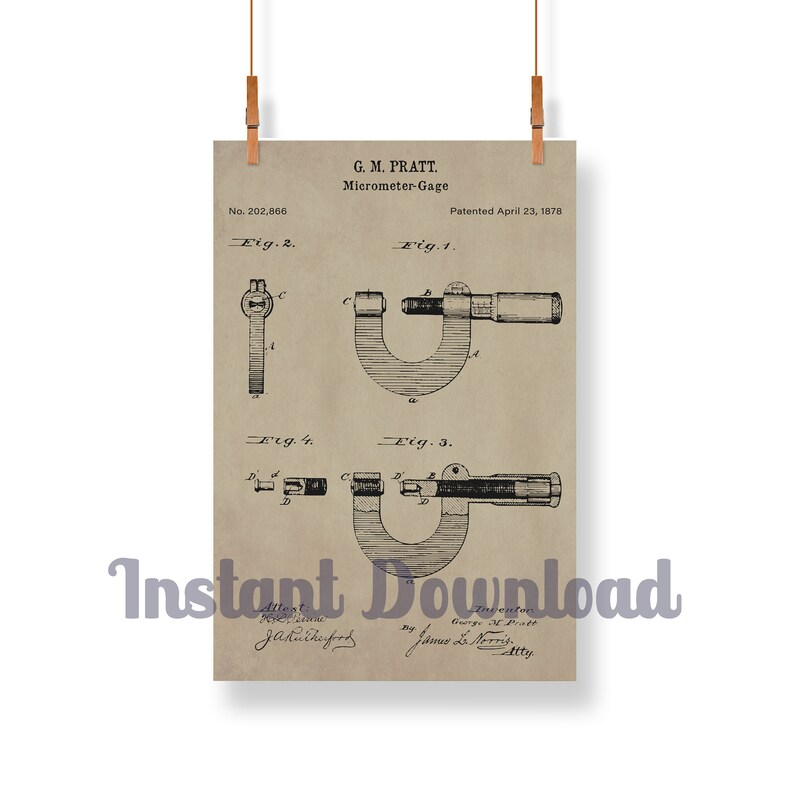 Patent Art Micrometer Printable Set, Patent Art Digital Download, Workshop Decor, Micrometer Caliper, Pratt & Whitney Digital Poster Art image 1