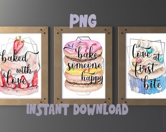 Kitchen Printable Wall Art Set of 3, Bakery Sign, Watercolor Print, Kitchen Signs, Gifts for Chef, Printable Wall Decor