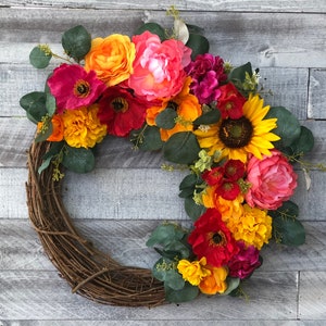 Sunflower Wreath, Summer Wreath, Yellow Flowers, Summer Floral, Red Poppy Wreath, Farmhouse Wreath, Colorful Sunflower Decor Fall Wreath
