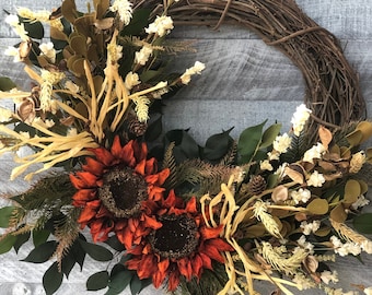 Sunflower Wreath for Front Door, Fall Sunflower Wreath, Fall Harvest Wreath, Fall Thanksgiving Decor, Autumn Wreath, Fall Porch Decor