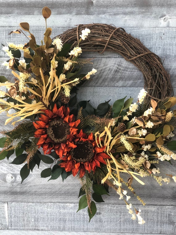 Orange Sunflower Wreath for Front Door, Thanksgiving Wreath Fall Wreath Rustic Wreath Autumn Wreath Fall Decor Autumn Door Hanger Fall Decor