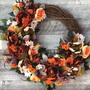 Fall Wreaths for Front Door, Fall Wreath, Autumn Wreath, Fall Porch Decor, Orange Peony Wreath, Fall Decor, Autumn Door Wreath