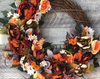 Fall Wreaths for Front Door, Fall Wreath, Autumn Wreath, Fall Porch Decor, Orange Peony Wreath, Fall Decor, Autumn Door Wreath