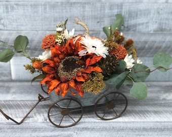Fall Flower Wagon Centerpiece, Rustic Centerpiece, Sunflower Table Runner, Thanksgiving Centerpiece, Galvanized Floral Table Arrangement
