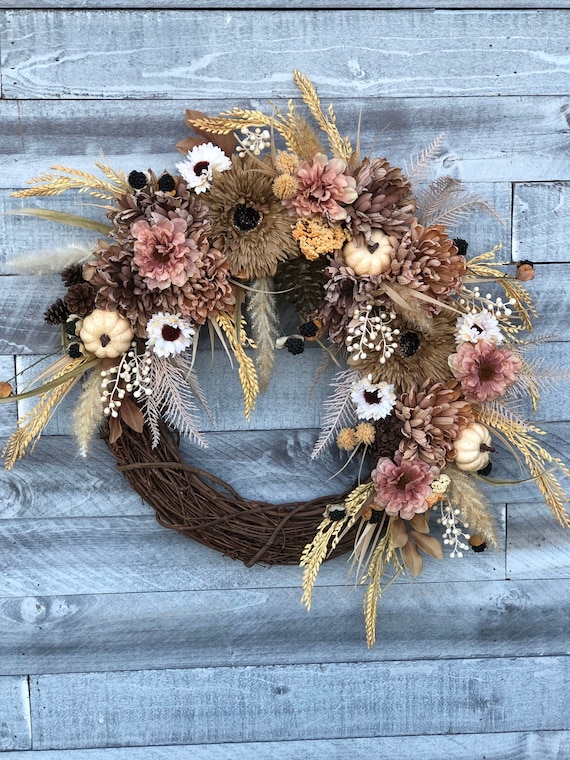 Neutral Fall Farmhouse Wreath for Front Door, Blush Rustic Fall Wreath, Thanksgiving Wreath, Cream Pumpkin Wreath, Neutral Door Wreath