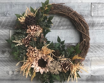 Sunflower Wreath for Front Door, Fall Sunflower Wreath, Rustic Fall Wreath for Door, Thanksgiving Wreath, Pumpkin Wreath, Neutral Wreath