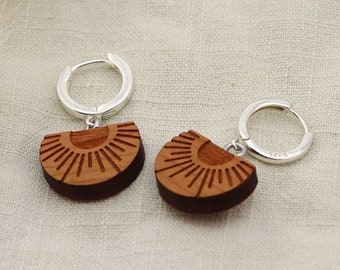 Wooden earrings Sun wooden jewelry natural earrings wood 925 sterling silver earrings women's earrings hanging earrings real wood gift women