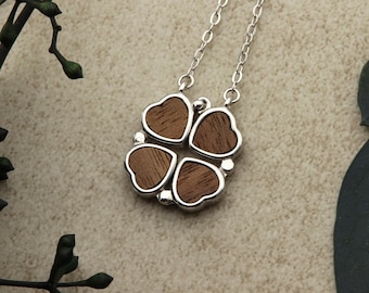 Collar de joyería de madera con colgante 4Hearts 2 en 1 para mujer, plata 925, cadena de corazón de madera de nogal, medallón, colgante de madera, regalo de joyería para mujer