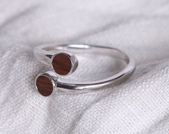 Ring Circle Pair with wood inlay 925 silver wooden jewelry rings wood silver rings engagement rings size-adjustable rings accessories women