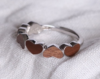 Ring Love Hearts with wood inlay 925 silver wooden jewelry rings wood silver rings engagement rings size-adjustable rings accessories women