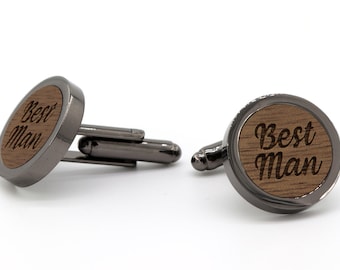 Wedding cufflinks men's wood man best man cuffs engraving silver/black round gift best man