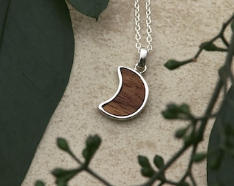 Collana di gioielli in legno con pendente Luna da donna in argento 925 catena di legno di noce medaglione a mezza luna ciondolo in legno regalo di gioielli da donna