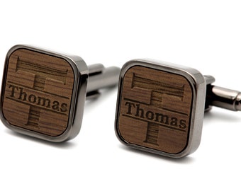 Wedding cufflinks men's wooden personalized man best man cufflinks engraving silver/black square gift letter and name