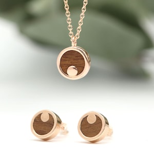 Wooden Jewelry Set Earrings Necklace Moonshine 9 mm Ladies Chain Wooden Earrings 925 Silver Rose Gold Walnut Wood Stud Earrings Jewelry Gift Idea