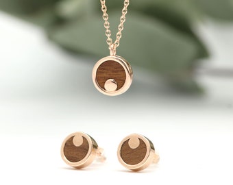 Holzschmuck Set Ohrringe Halskette Moonshine 9mm Damen Kette Holzohrringe 925 Silber Rosegold Nussbaum Holz Ohrstecker Schmuck Geschenkidee