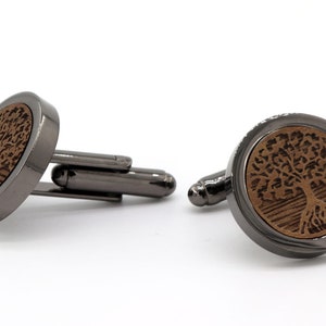 Wedding Cufflinks Men's Wood with 3D Engraving Tree Personalized Groom Groomer Cuffs Silver/Black Round Gift Idea