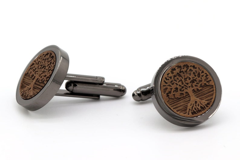 Wedding Cufflinks Men's Wood with 3D Engraving Tree Personalized Groom Groomer Cuffs Silver/Black Round Gift Idea Black