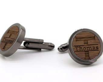 Wedding cufflinks men's wooden personalized man best man cufflinks engraving silver/black round gift letter and name