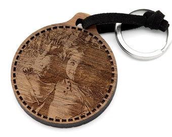 Schlüsselanhänger aus Holz mit Fotogravur Text beidseitige Gravur aus Echtholz mit Edelstahl Schlüsselring Band Schlüsselbund Geschenkidee