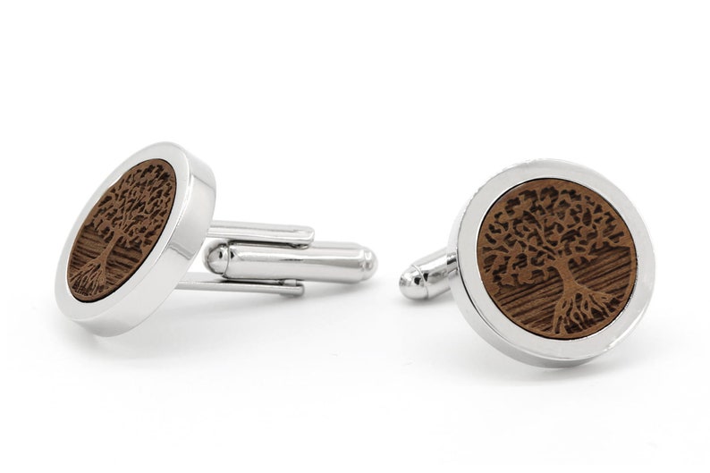 Wedding Cufflinks Men's Wood with 3D Engraving Tree Personalized Groom Groomer Cuffs Silver/Black Round Gift Idea Silver