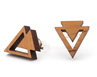 Wooden earrings double triangle stud earrings sterling silver natural earrings wooden jewelry wood earrings gift idea accessory women ladies