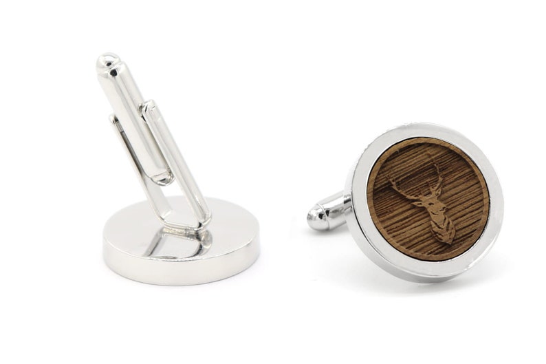 Wedding Cufflinks Men Wood with 3D Engraving Deer personalized Groom Groomer Cuffs Silver/black round gift idea image 2
