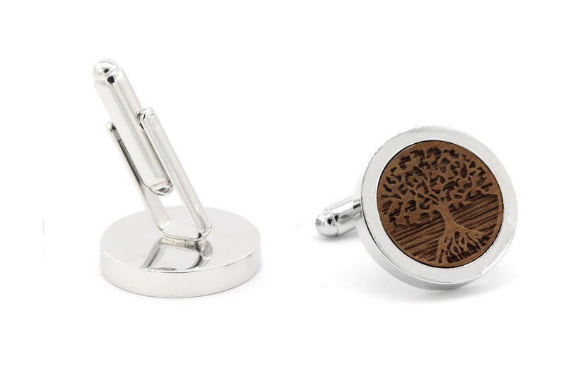 Wedding Cufflinks Men's Wood with 3D Engraving Tree Personalized Groom Groomer Cuffs Silver/Black Round Gift Idea image 4