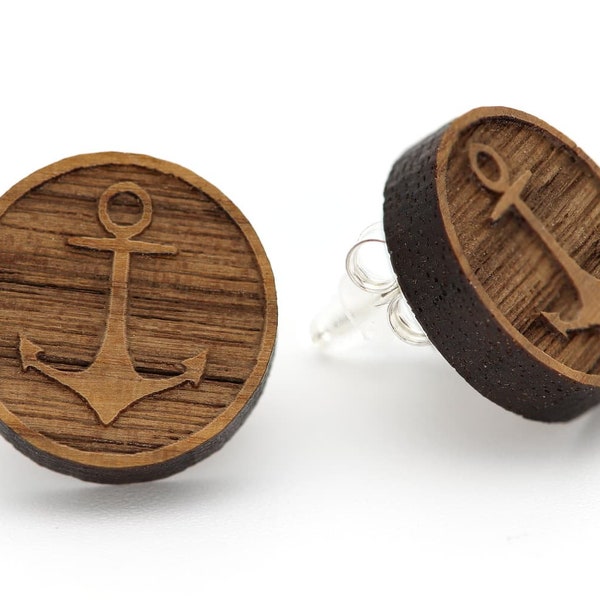 Wooden Earrings 3D Anchor 925 Sterling Silver Earrings Wooden Jewelry Wooden Earrings Real Wood Wood Earrings Natural Earrings Gift Idea