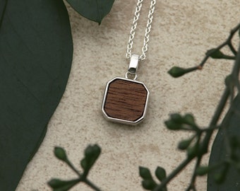 Wooden jewelry chain with pendant wood square 9 mm necklace 925 silver wooden pendant women's chain pendant chain medallion square jewelry